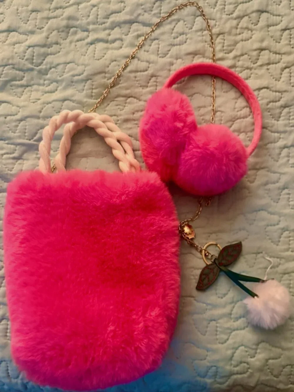 Fluffy Faux Fur Pink Purse + Ear Muffs + Cherry Keychain